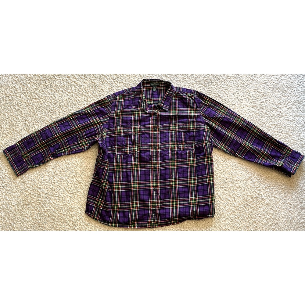 Lauren Ralph Lauren Purple Plaid Cotton Flannel Shirt Womens 3X Plus Long Sleeve